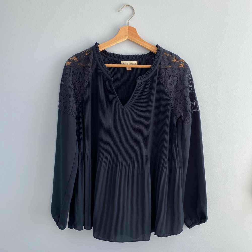 Knox Rose Long Sleeve Navy Blouse w/ Lace Detail